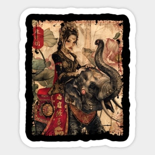 Asian Elephant with Woman Vintage Traditional Art Sticker